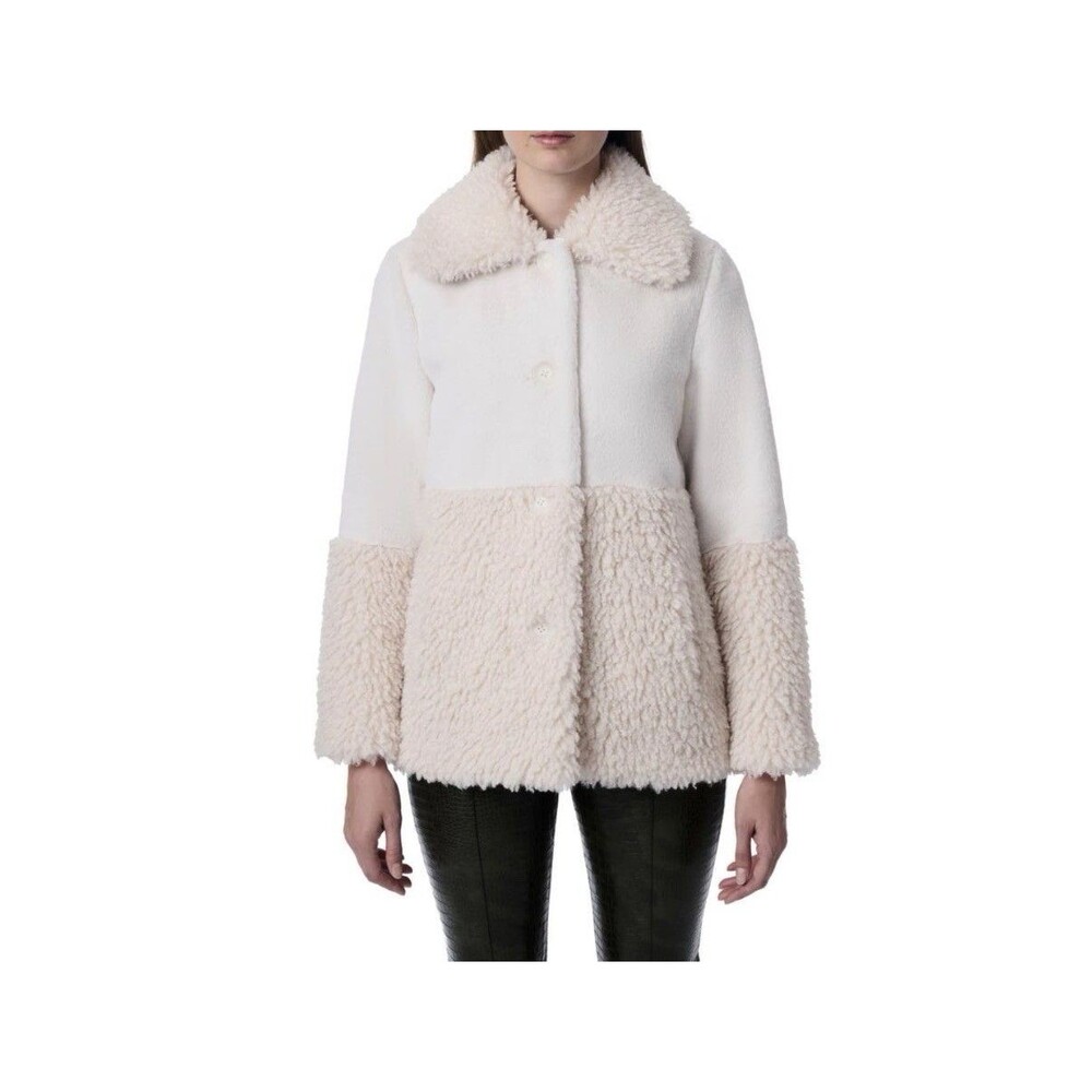 Bernardo Faux Fur Shearling Coat Colorblock Jacket Cream Beige Soft 2X Cozy Soft